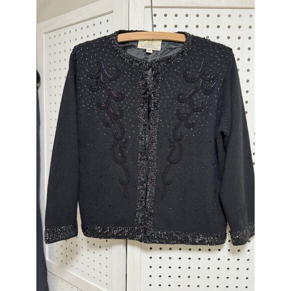 Vintage 60s Cyn Les Wool Black Beaded Cardigan Sweater - Womens Size 38 / SM - Picture 1 of 9